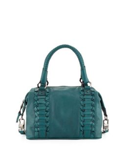 Pebble Leather Woven Satchel, Emerald