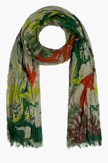 Closed Green And Red Linen Crimped And Printed Scarf