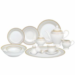 Lorren Home Trends 57 piece Porcelain Gold Accent Dinnerware Set (White with gold design borderMaterials: PorcelainCare instructions: Dishwasher safeService for: Eight (8)Number of pieces in set: 57Set includes:Eight (8) 10.5 inch dinner platesEight (8) 8
