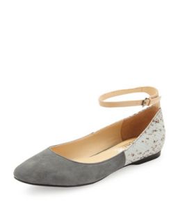 Elena Suede/Snake Embossed Leather Flat, Gray Suede