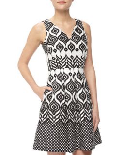 Mixed Ikat Print Fit And Flare Dress, Black/White