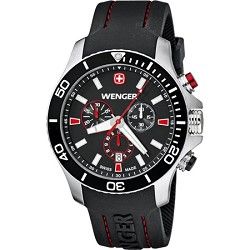 Wenger Mens Sea Force Chrono Watch   Black and Red Dial/Black Silicone Strap