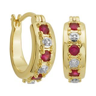 Bridge Jewelry 18K Gold Over Brass Lab Created Ruby & Diamond Accent Hoop