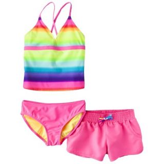 Girls 3 Piece Striped Tankini Swim Top, Bottom and Short Set   Pink L