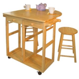 Counter Height Table Set: Breakfast Cart with 2 Stools   Natural