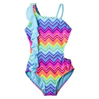 Girls 1 Piece Ruffled Chevron Swimsuit   Rainbow L