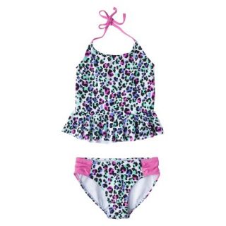 Girls 2 Piece Peplum Leopard Spot Tankini Swimsuit Set   White XL