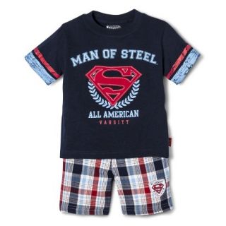 Superman Infant Toddler Boys Short Sleeve Tee and Plaid Boy Short Set   Navy 3T