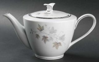 Noritake Harwood Teapot & Lid, Fine China Dinnerware   Tan, Gray Leaves, Smooth