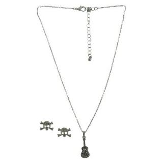 Glass Stone Skull Stud Earring and Guitar Pendant Necklace Set   Silver/Nickel