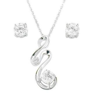 Sterling Silver Cubic Zirconia Swirl Necklace And Stud Earrings   Silver/White