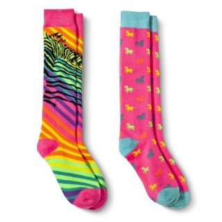 Xhilaration Girls Rainbow Zebra Knee High Socks 2pk   Fuchsia 9 2.5