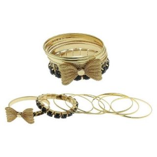 Womens Eight Piece Bangle Set with Stones, Print and Bow   Gold