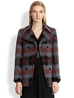 McQ Alexander McQueen Textured Plaid Double Breasted Coat   Blue Red