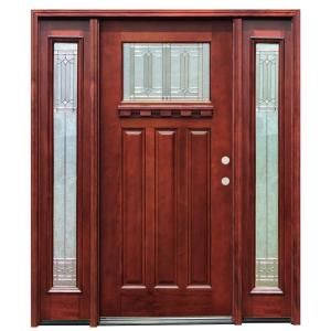 Pacific Entries Diablo Craftsman 1 Lite Stained Mahogany Wood Entry Door with Dentil Shelf 6 in. Wall Series and 14 in. Sidelites M31DBML613D