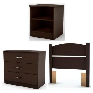 South Shore Furniture Libra Twin Size Headboard, Night Stand and Chest Set in Chocolate 3159223