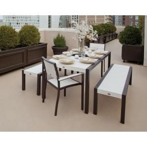 Trex Outdoor Furniture Surf City Textured Bronze 5 Piece Bench Patio Dining Set with Classic White Slats TXS122 1 16CW