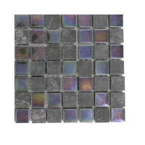 Splashback Tile Tectonic Squares Black Slate and Rainbow Black Glass Floor and Wall Tile   6 in. x 6 in. Tile Sample R6B1 STONE MOSAIC TILE