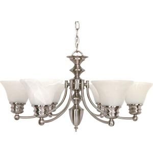Glomar Empire 6 Light Brushed Nickel Chandelier with Alabaster Glass Bell Shades HD 356
