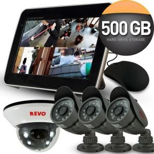 Revo 4 CH 500GB DVR4 Surveillance System with 10.5 in. Built in Monitor and (4) 600 TVL 33 ft. Nightvision Cameras R4D1FB3FCMB 5G