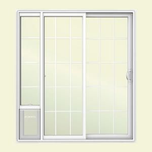 JELD WEN 72 in. x 80 in. White Right Hand Vinyl Patio Door with Low E Argon Glass, Grids and Large Pet Door Sierra LE GRD 6068 LPDP RH
