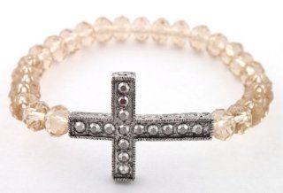Light Amber with Silver Metal Casting Cross Shamballah Glass Beaded Stretch Bracelet Jewelry