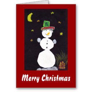 Happy Christmas Snowman in Hat At Night Xmas Card