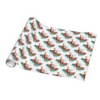 Cartoon Jolly Santa Claus, Row Boat with Presents Gift Wrapping Paper