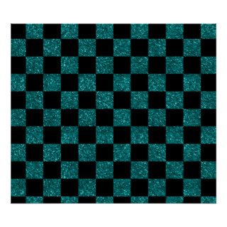 Glitter turquoise and black checkered pattern print
