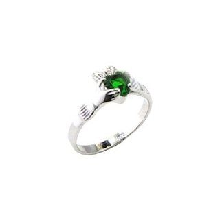 Sterling Silver Irish Claddagh Ring, Green Emerald Cubic Zirconia Stone   6: Jewelry