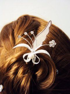 Bridal Wedding Beautiful Elegant Pearl & Silvery Mesh Leaves with Crystals Hair Stick Fork Prongs: Everything Else