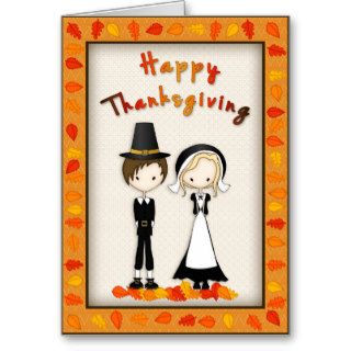 Cute Cartoon Pilgrims Happy Thanksgiving Card