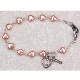 First Holy Communion Childrens Girls Rosary Bracelet 6 1/2" 6x6mm Pink Pearl Heart Beads with Sterling Silver Cross & Miraculous Medals.: Jewelry