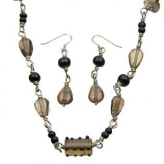 Black and Brown Glass Bead Necklace and Earring Set: Clothing