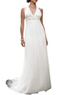 Jeen Wedding Dress V Halter Neckline Soft Net over Satin Beach Bridal Gown White 2: Special Occasion Dresses: Clothing
