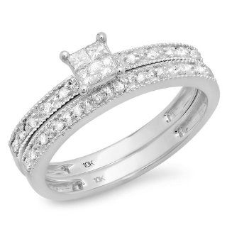 0.30 Carat (ctw) 10k White Gold Princess & Round Diamond Ladies Bridal Engagement Ring Wedding Set with Matching Band 1/3 CT: Jewelry