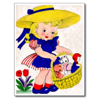 Little Girl and Kittens    Retro Happy Birthday Post Cards