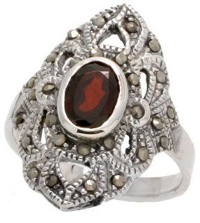 Sterling Silver Marcasite Diamond shaped Ring, w/ Oval Cut Natural Garnet, 1" (26mm) wide, size 6.5: Jewelry
