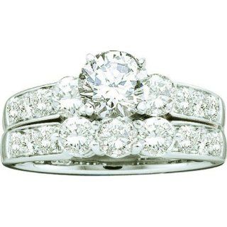 2.00 Carat (ctw) 14k White Gold Brilliant Round White Diamond Ladies 3 Stone Bridal Engagement Ring Set: Jewelry
