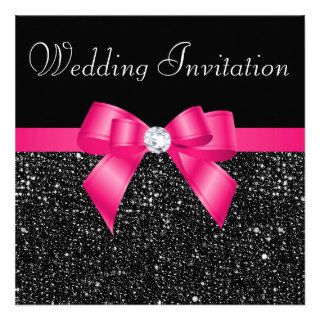 Printed Black Sequins and Hot Pink Bow Wedding Personalized Invites