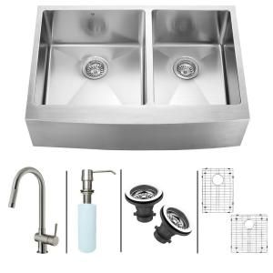 Vigo All in One Apron Front Stainless Steel 3x9.875x13.50 0 Hole Double Bowl Kitchen Sink and Stainless Steel Faucet Set VG15213