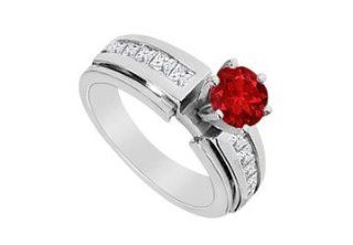 Round Natural Ruby and Diamond Princess Cut Engagement Ring in 14K White Gold 1.25 Carat TGW: LOVEBRIGHT: Jewelry