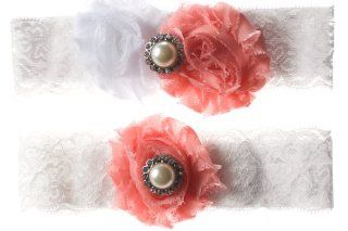 Coral and White Shabby Flower Wedding Garter Set : Wedding Ceremony Accessories : Everything Else