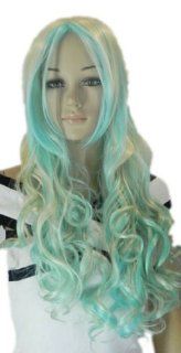 Qiyun Long Blue Silver White Mix Wavy Curly Hair Full Cosplay Anime Costume Wig: Health & Personal Care