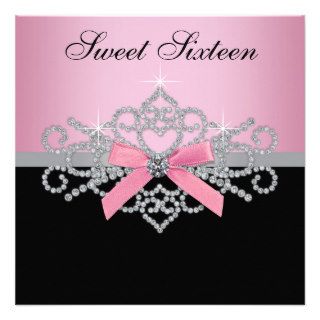 White Diamonds Pink Black Sweet 16 Birthday Party Invitations