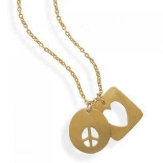 MMA Silver   16 inch+2 inch 14 Karat Gold Plated Necklace with Heart and Peace Sign Tag: Jewelry