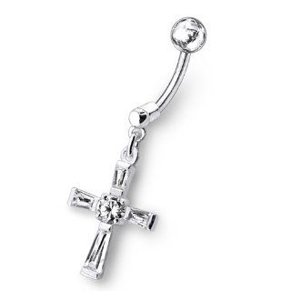 Clear Dangling Crucifix Sterling Silver with 14G 3/8 Inch (1.6x10MM) 316L Surgical Steel Banana Belly Ring Body jewelry: Jewelry