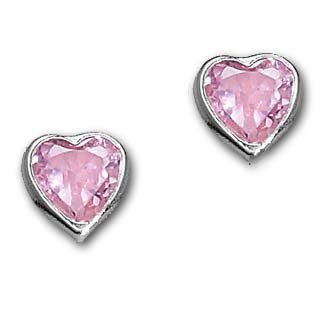 White Gold Pink Heart Bezel Set Childrens Earrings with Screw Backs: girls: Jewelry