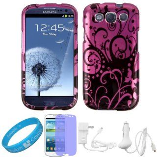 Magenta Floral 2 piece Snap on Cover Shield Protector for Samsung Galaxy S III Android Smartphone (fits all Samsung Galaxy S3 models) + Clear Screen Protector + White Car Charger + White Wall Charger + SumacLife TM Wisdom Courage Wristband: Cell Phones &am
