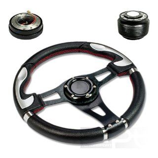 SW T340+HUB OT48+QL 2, 320mm 12.5" Black PVC Leather Red Stitch Silver Trim Black Spoke 6 Hole Racing Aluminum Steering Wheel with OT48 Short Hub Adapter and 2" Slim Quick Release with Horn Button: Automotive